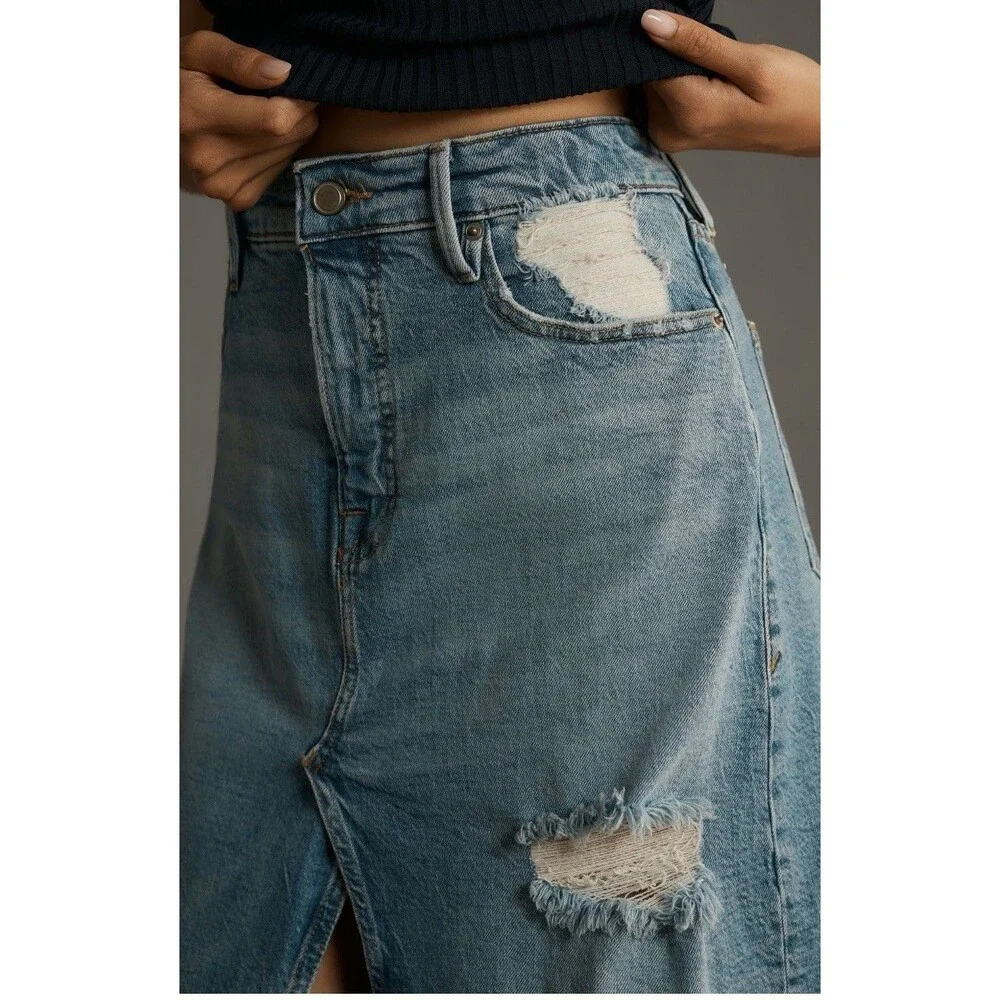 Good American Good Denim Maxi Skirt Women Blue Ease Vacay Retro Boho Size 12 NWT
